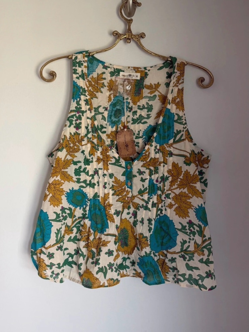 NATURAL LIFE Cream Floral Pintuck Tank with Teal & Mustard Print